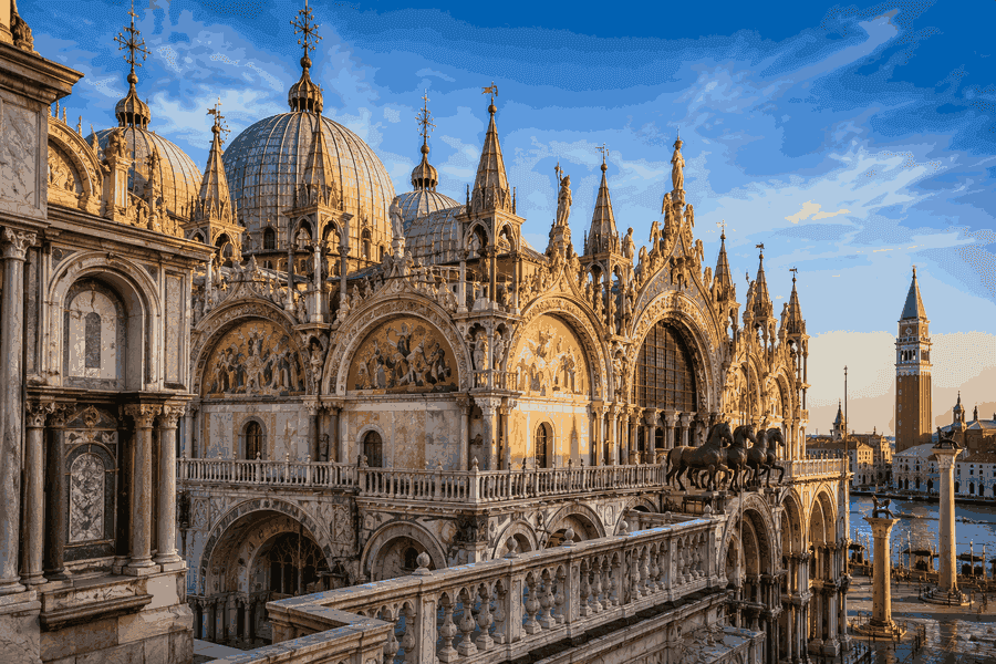 St. Mark’s Basilica in Venice with its golden mosaics, domes and ornate façade, viewed from the terrace near St. Mark’s Square.