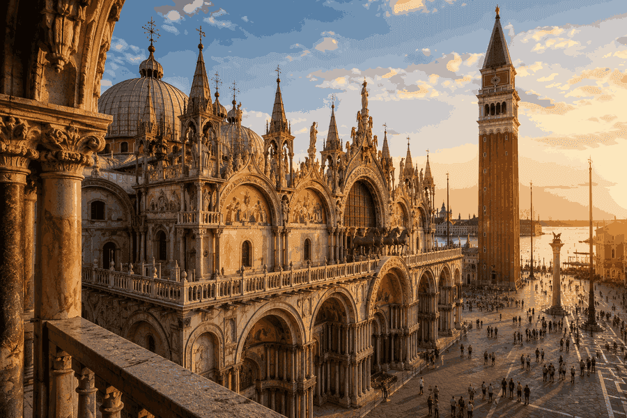 St. Mark’s Basilica and Bell Tower in Venice viewed from the terrace overlooking St. Mark’s Square.