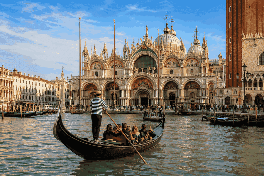 St. Mark’s Basilica in Venice with a traditional gondola ride on the canal in front of the historic landmark.