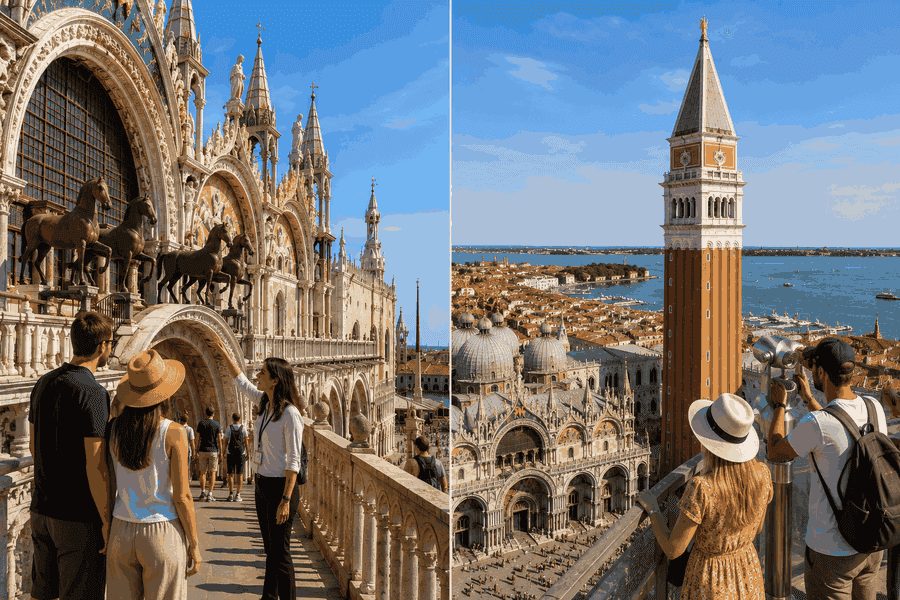 St. Mark’s Basilica terrace and Bell Tower in Venice with panoramic views across St. Mark’s Square and the Venetian Lagoon.